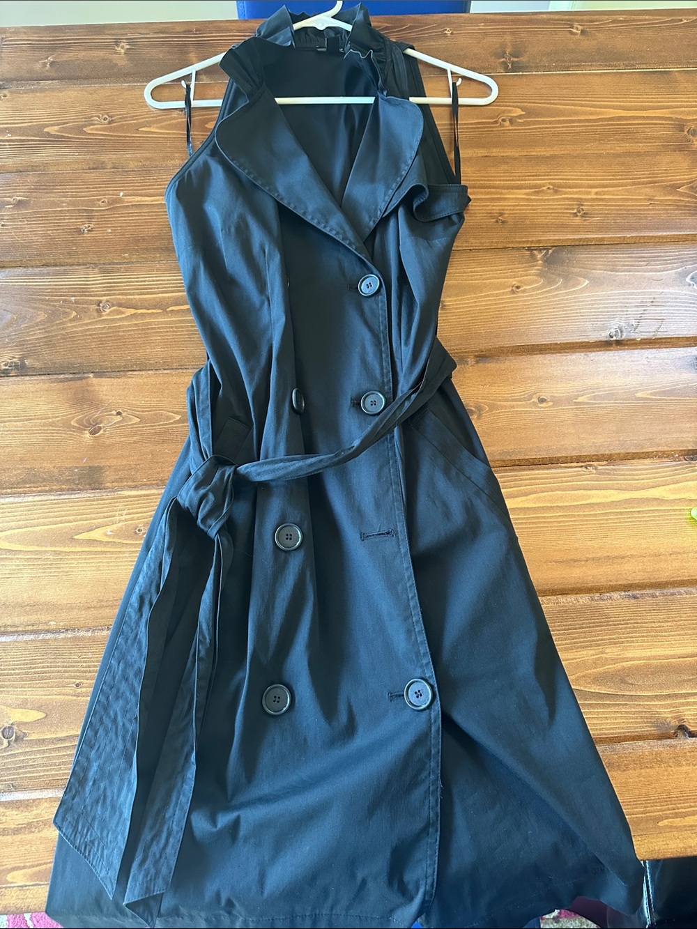 Ann Taylor Black Trench Coat Dress, Double Breasted, Belted, with two pockets